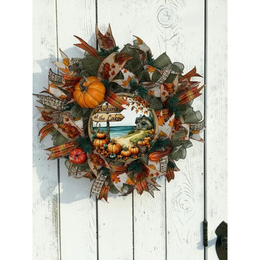 Fall Autumn at the Lake Wreath • Pumpkin Door Wreath • Rustic Fall Decor